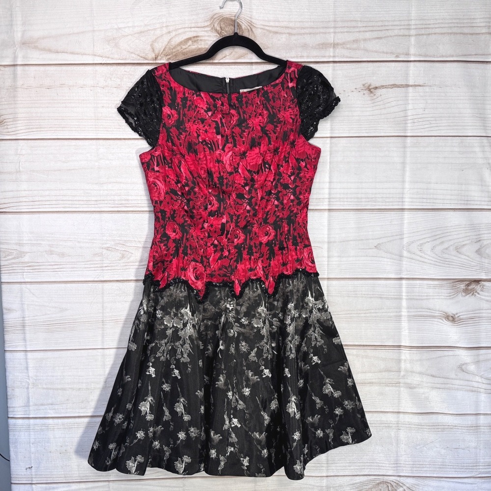Dress Barn Red Black Floral Sequin Lace Fairy Goth Romantic Cocktail Dress Sz 6